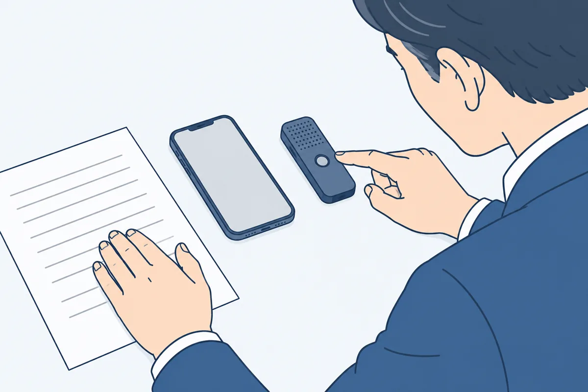 机の上でスマホと録音機を見比べている手元の絵