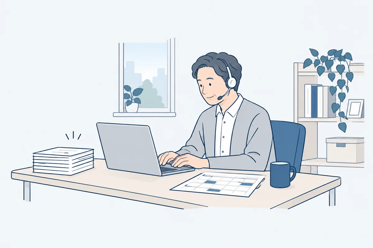 小さな事務所でオンライン会議に参加している人の絵