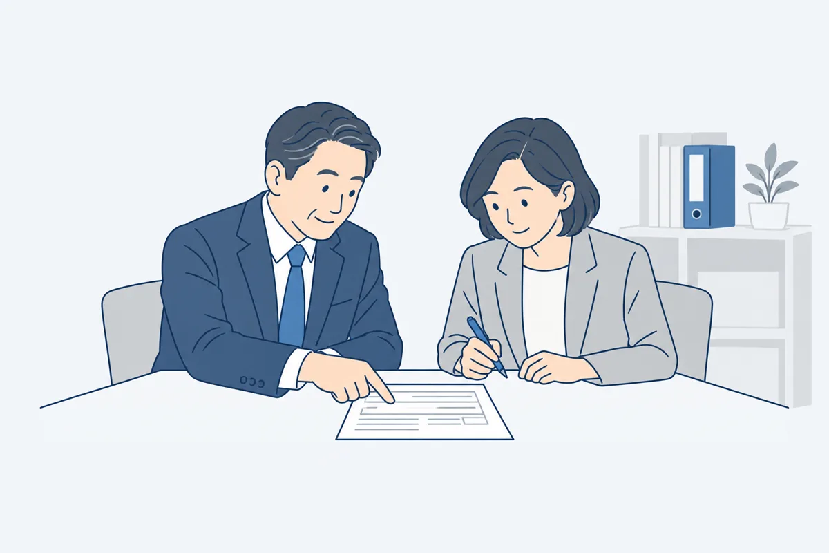 小さな事務所で、二人が一枚の書面を見ながら話し合っている絵