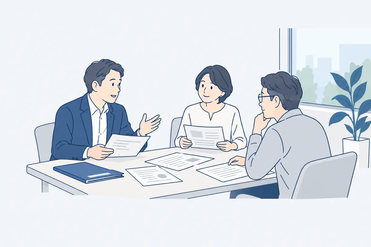 会議室で書類を確認しながら話し合う人たちの絵