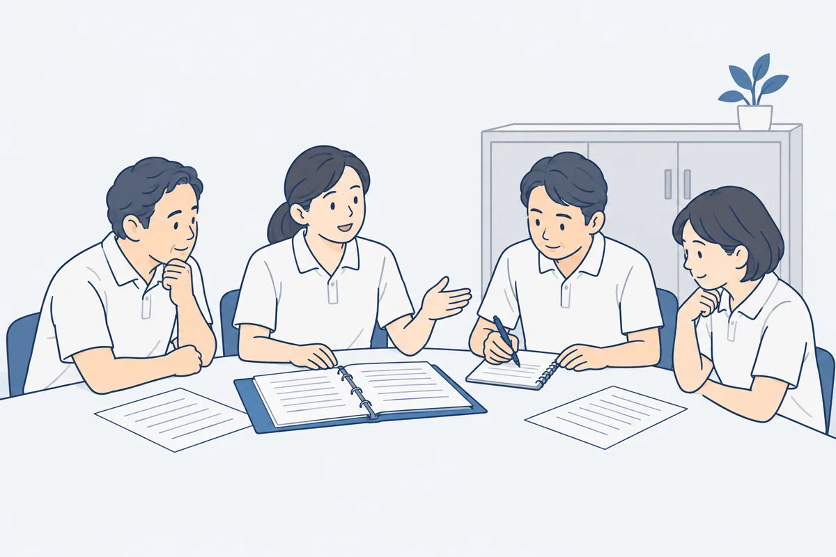 施設の職員が机を囲み、資料を見ながら話し合っている絵