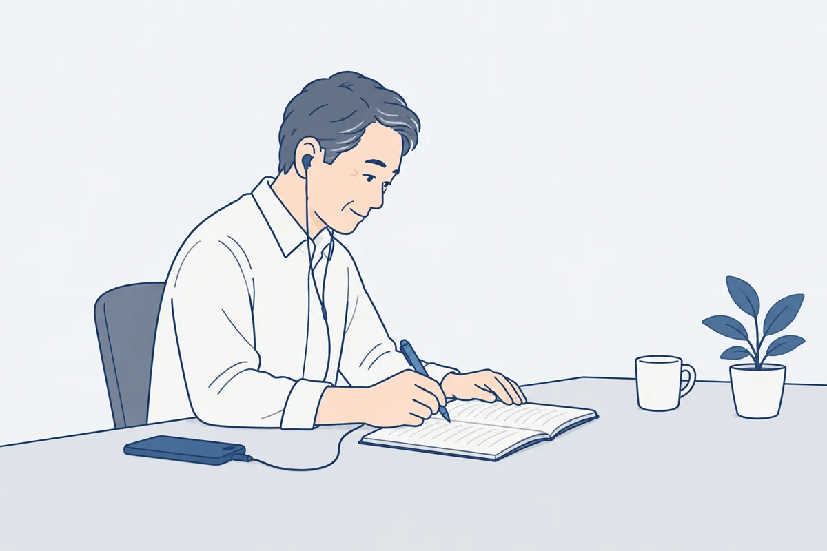 録音をイヤホンで聞き直しながらノートに書いている人の絵