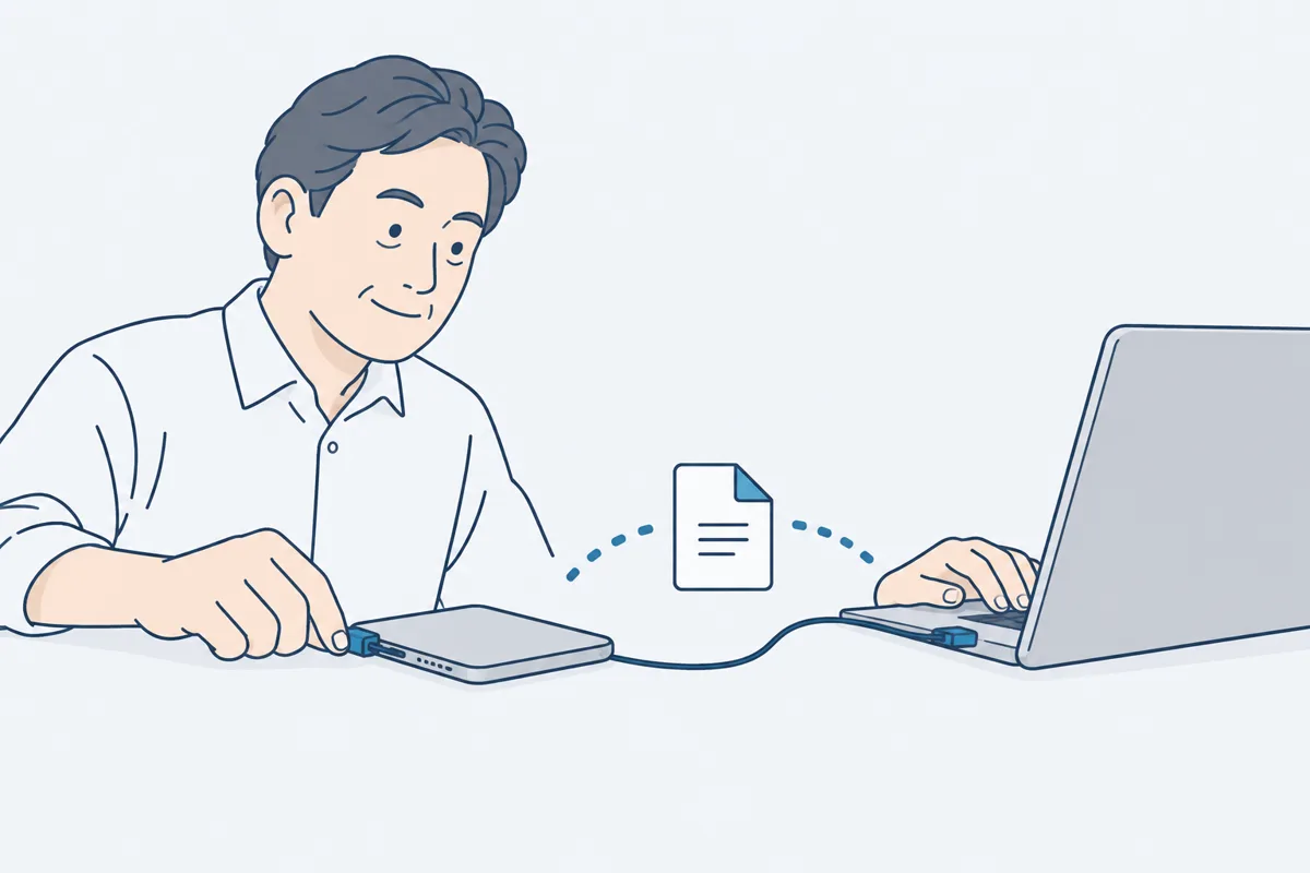 スマホをパソコンにつないで、録音のファイルを移している手元の絵