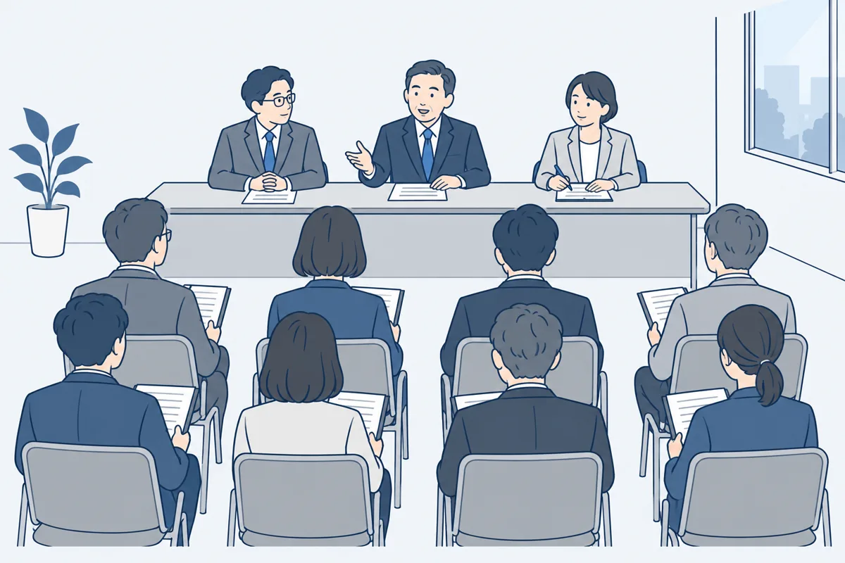 会場の席に着いた人たちが、前の議長の話を聞いている総会の絵