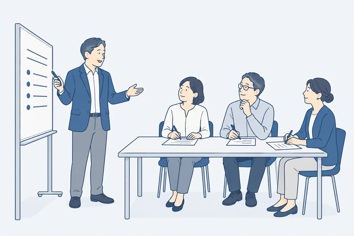 会議室のホワイトボードの前で、会議を進めている人の絵