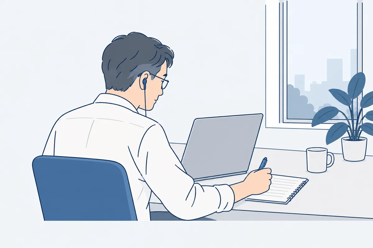ノートパソコンでオンライン会議に参加しながらメモを取る人の絵