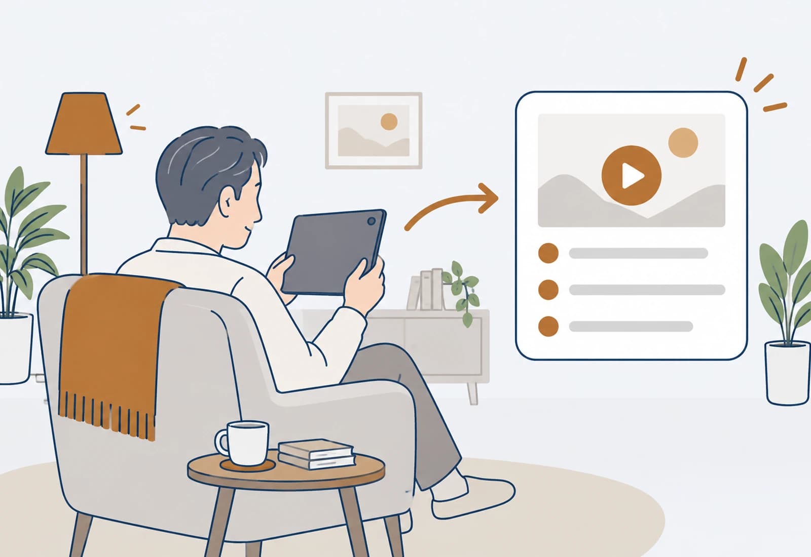 ひじ掛け椅子でタブレットの動画を見る男性と、動画の要約カードの絵
