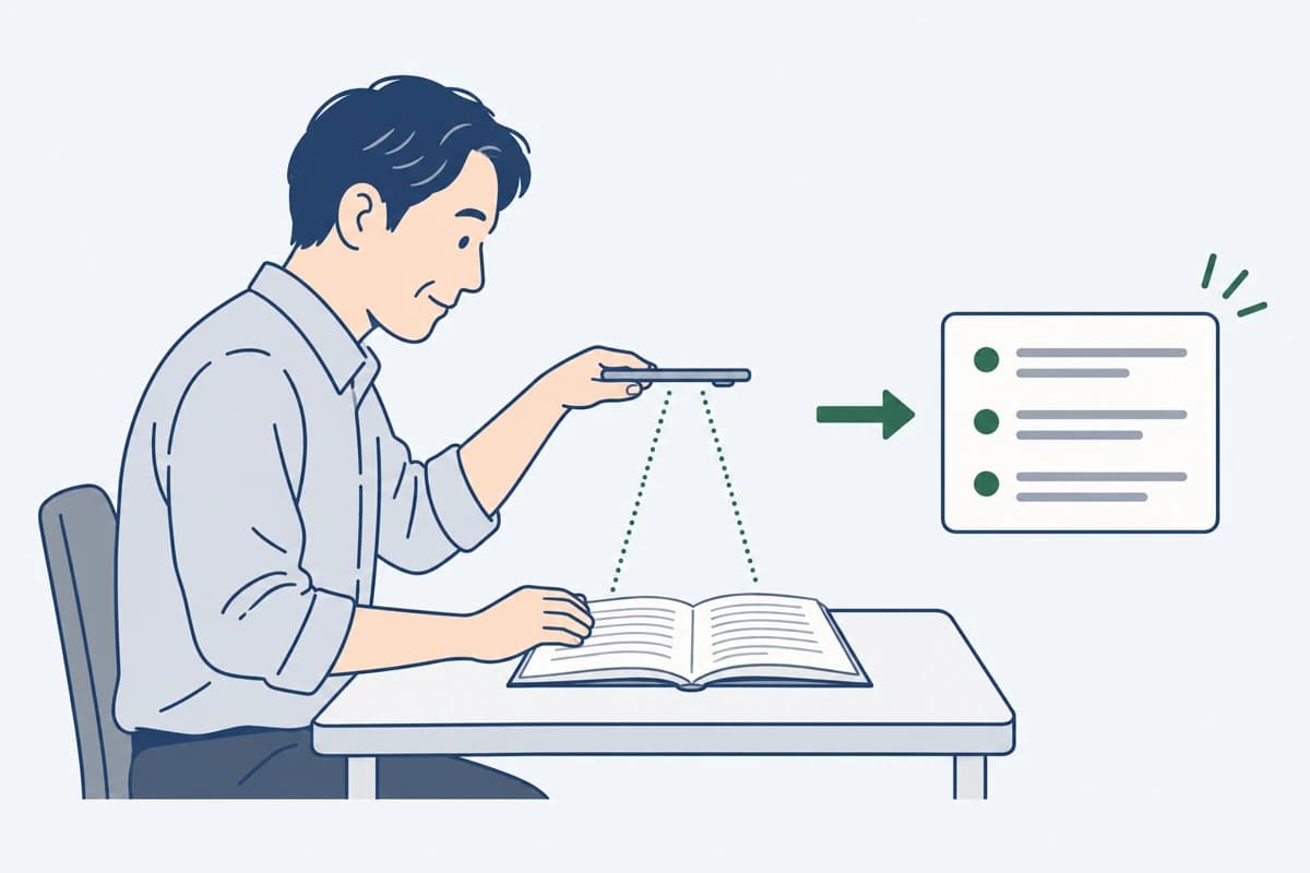 本のページをスマホで撮ると、3行の要点カードができあがる絵