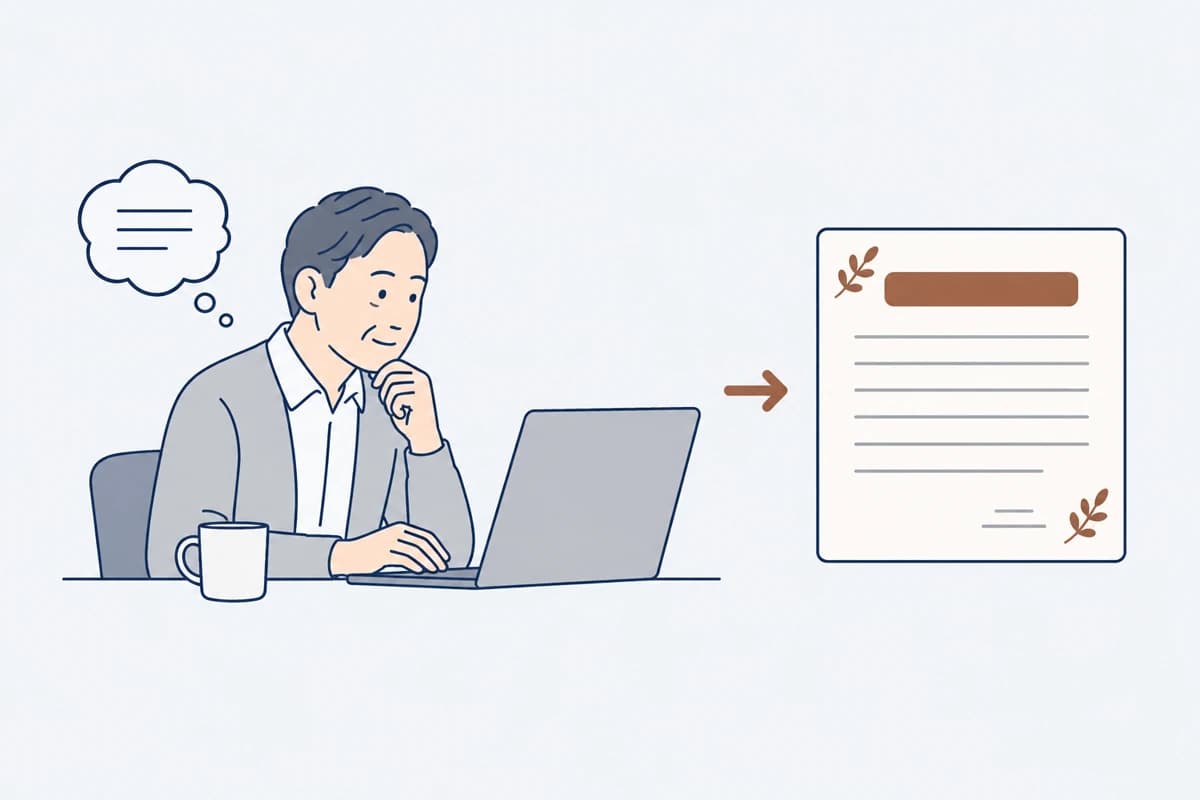 パソコンで短い文章を打つ人と、丁寧な手紙のカードの絵