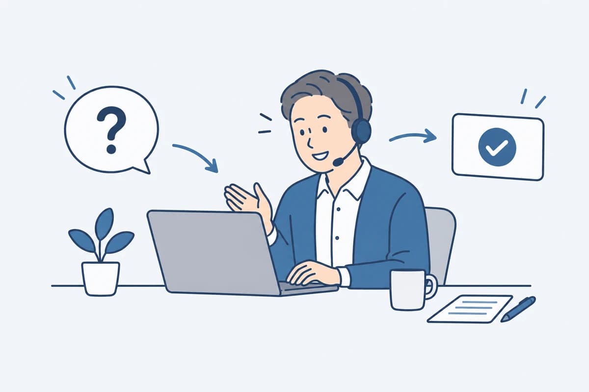 ヘッドセットをつけて、質問に親切に答える人の絵