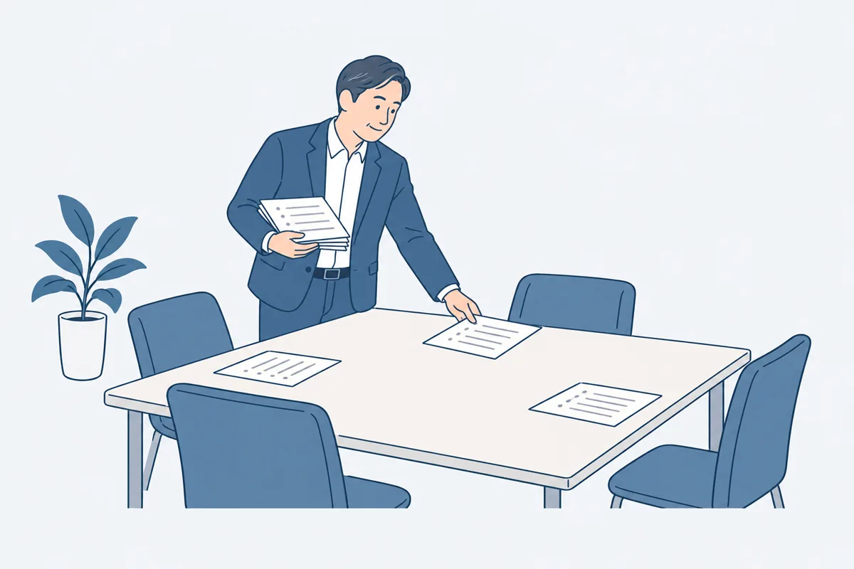 会議の前に、議題を書いた紙を席に配っている人の絵