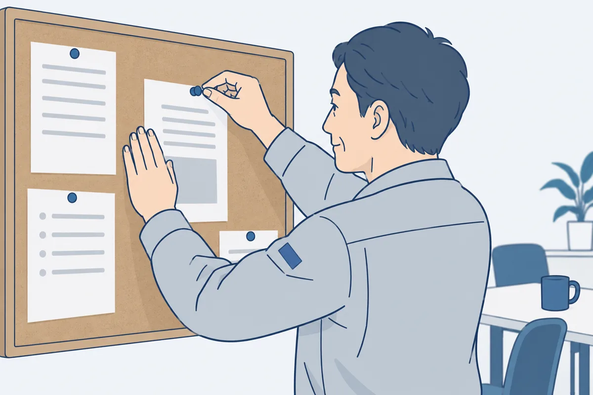 休憩室の掲示板に、お知らせの紙を画びょうで留めている人の絵