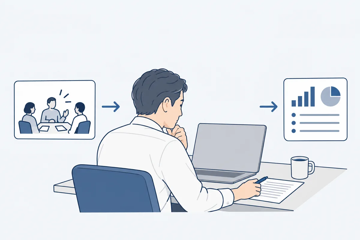会議のあと、パソコンでできた文章を確かめている人の絵