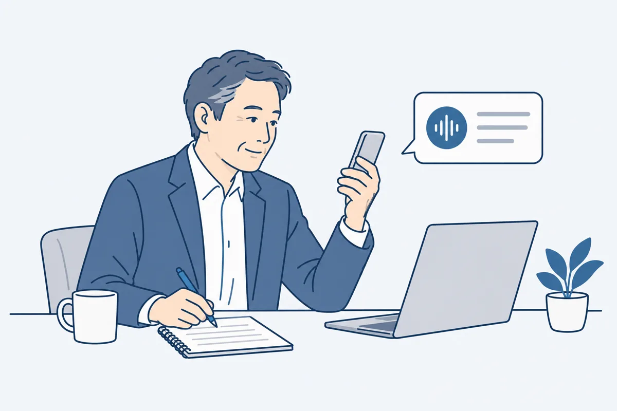 スマホで留守番電話を確かめながら、メモを取っている人の絵