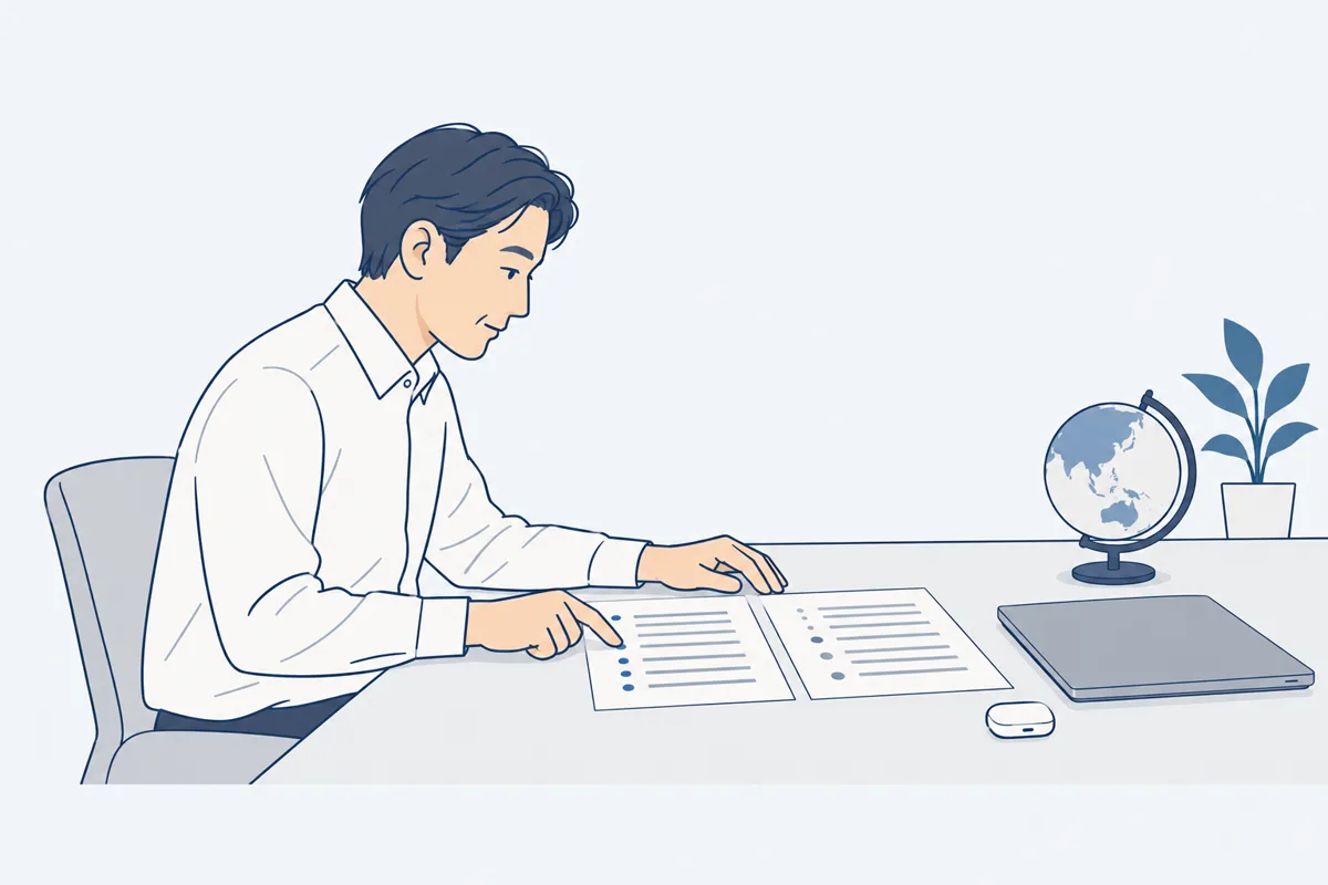 机に地球儀を置いて、二枚の書類を見比べている人の絵
