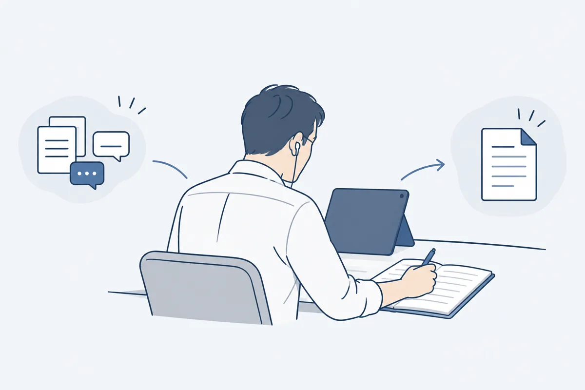 タブレットとノートを前に、会議の内容を確かめている人の絵