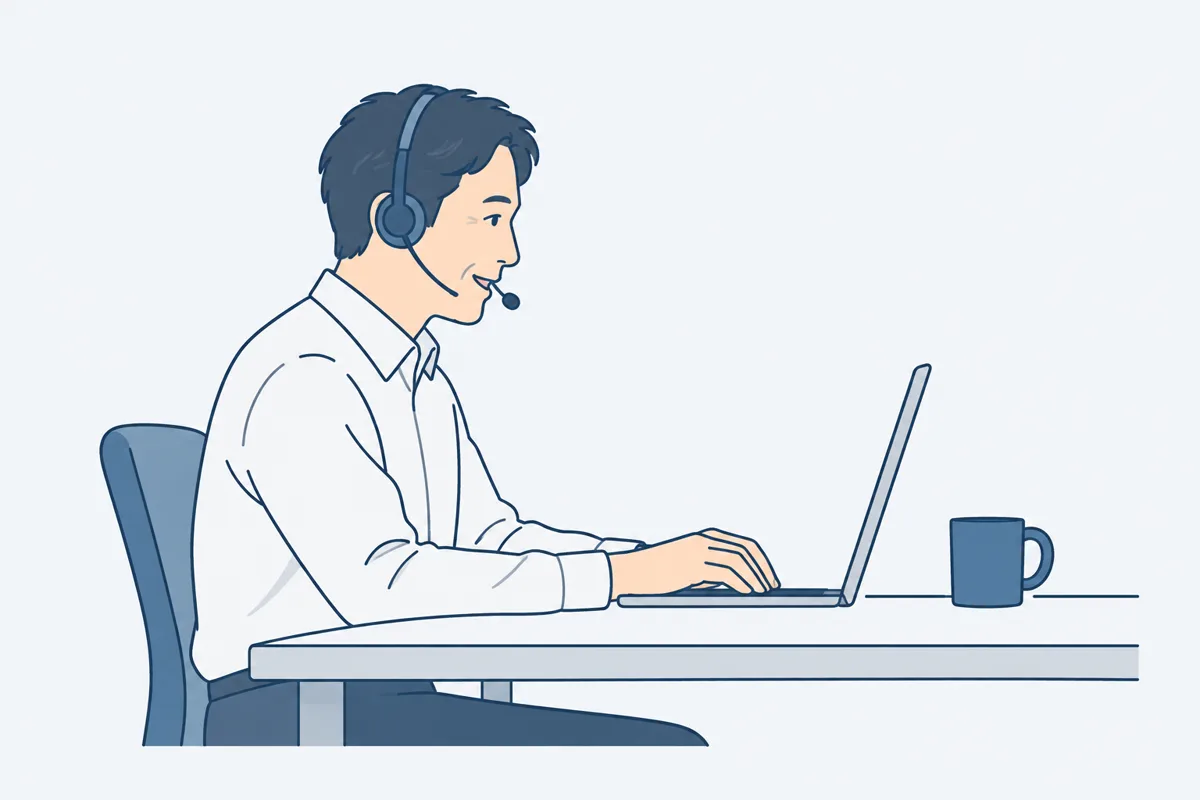 ヘッドセットをつけて、パソコンに話しかけながら文章を入力している人の絵