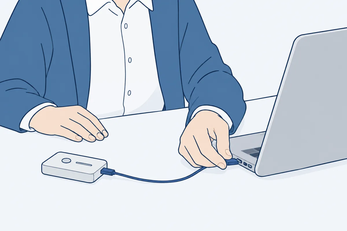 小さな録音機をケーブルでパソコンにつないでいる手元の絵
