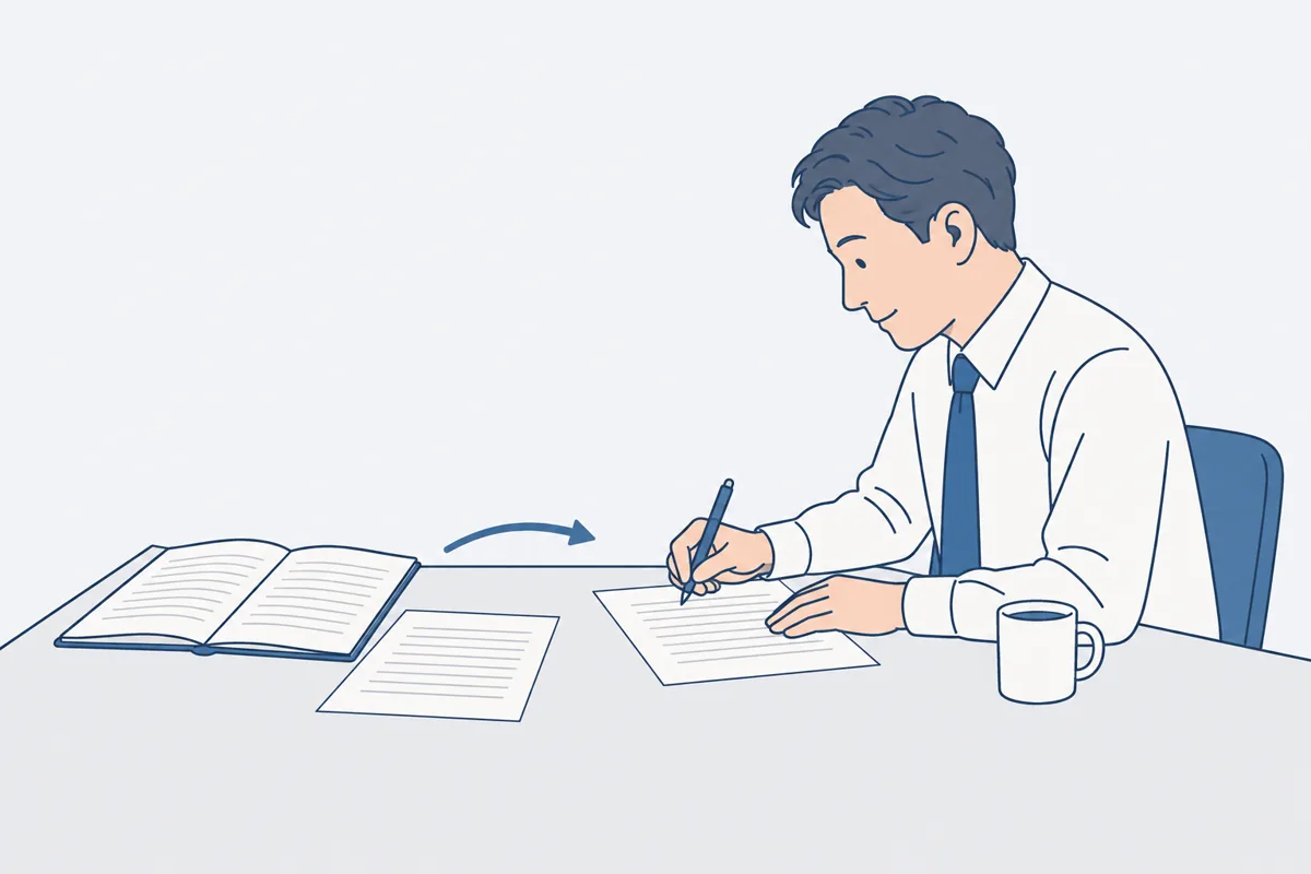 会議のあと、机で議事録を清書している人の絵