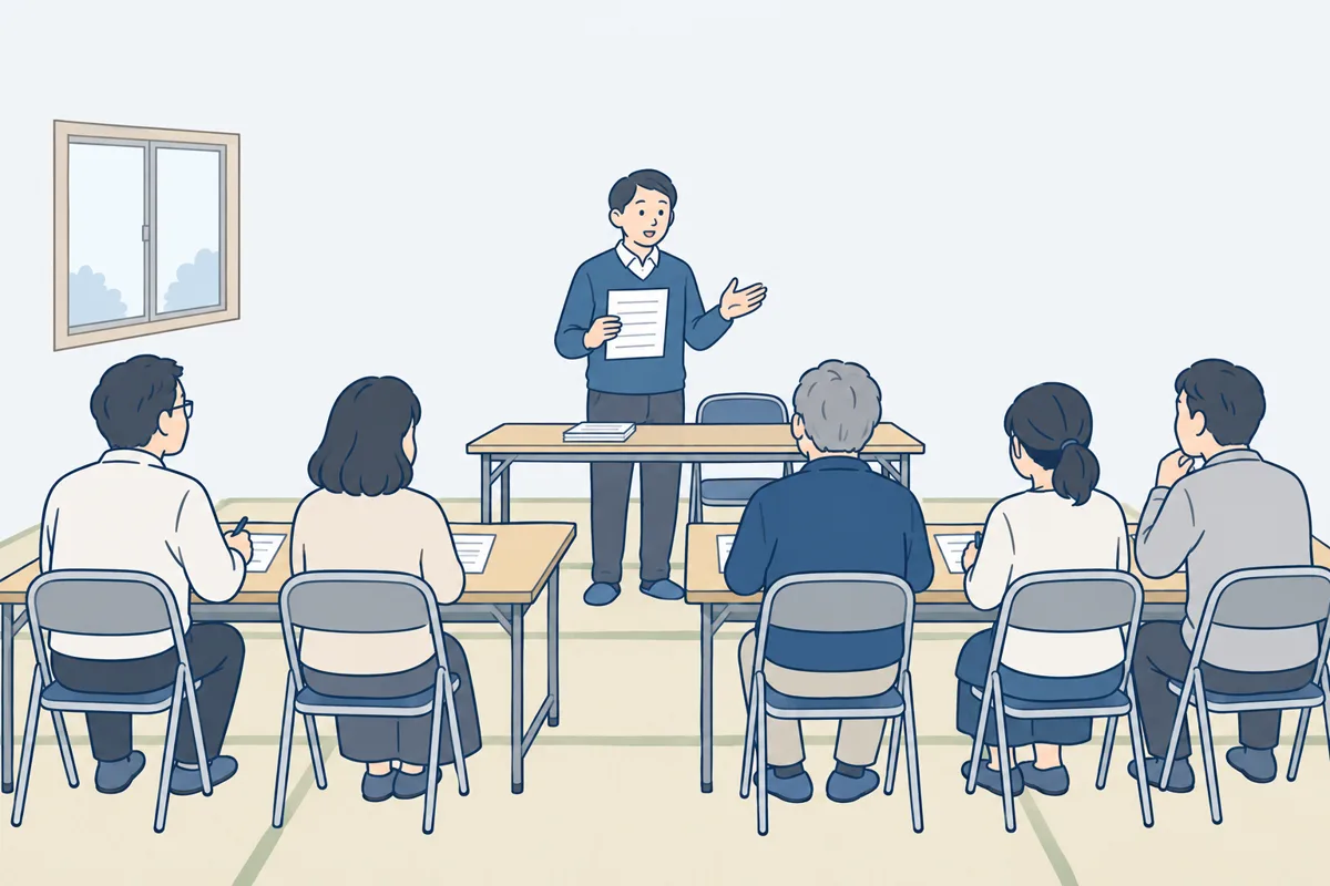 集会所の長机に座る人たちに、前に立つ人が話している絵