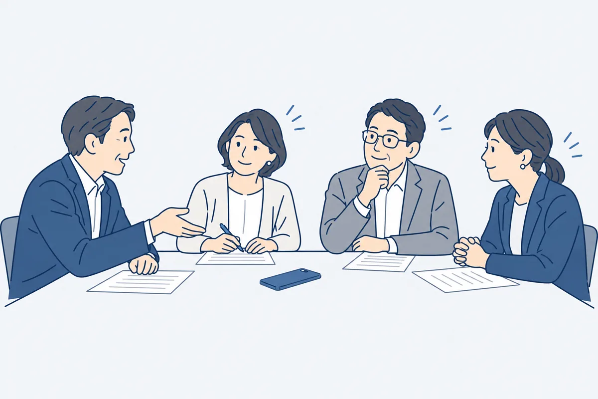 会議室の机の真ん中にスマホを置き、録音することを伝えてから話し合う人たちの絵