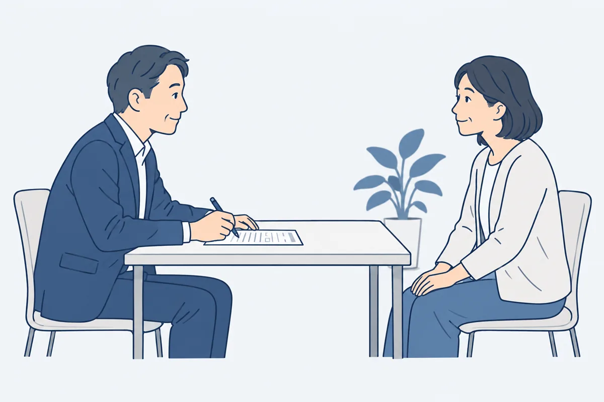 小さな部屋で向き合って面談し、用紙に記録している人の絵