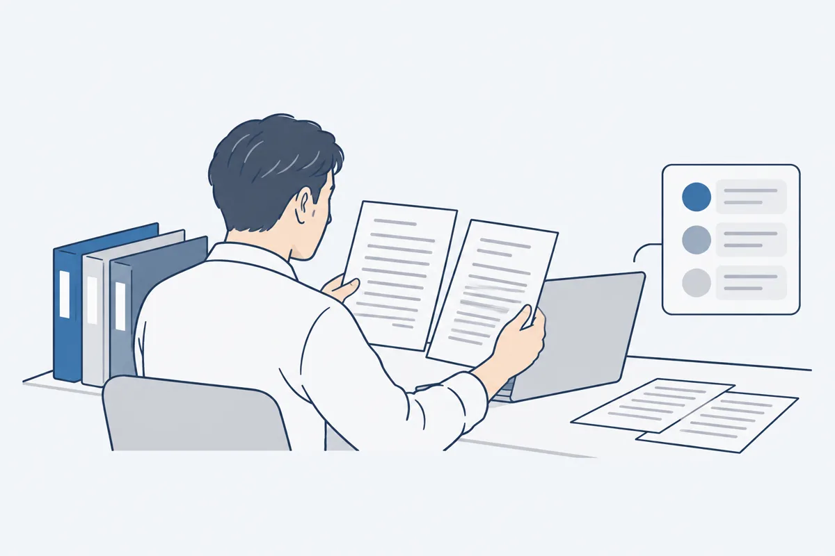 何回分もの会議の資料を手に取り、見比べている人の絵