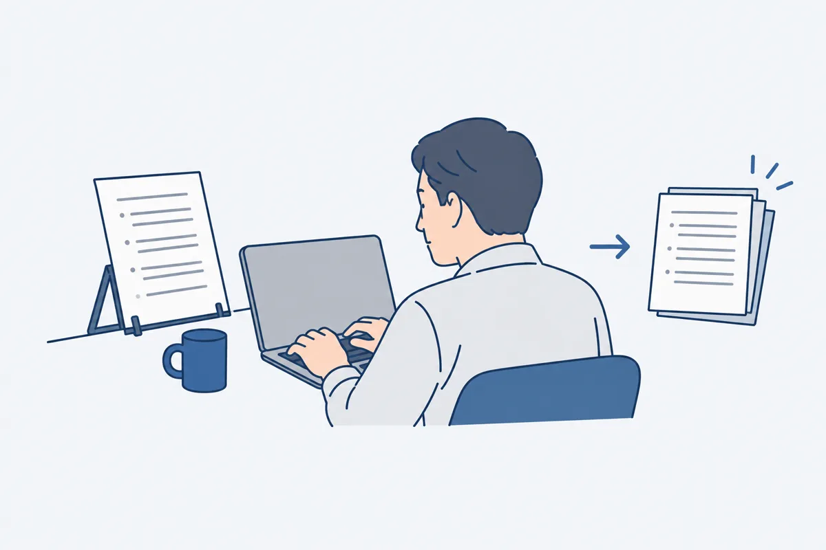 印刷したメモを見ながら、パソコンで文章を打っている人の絵