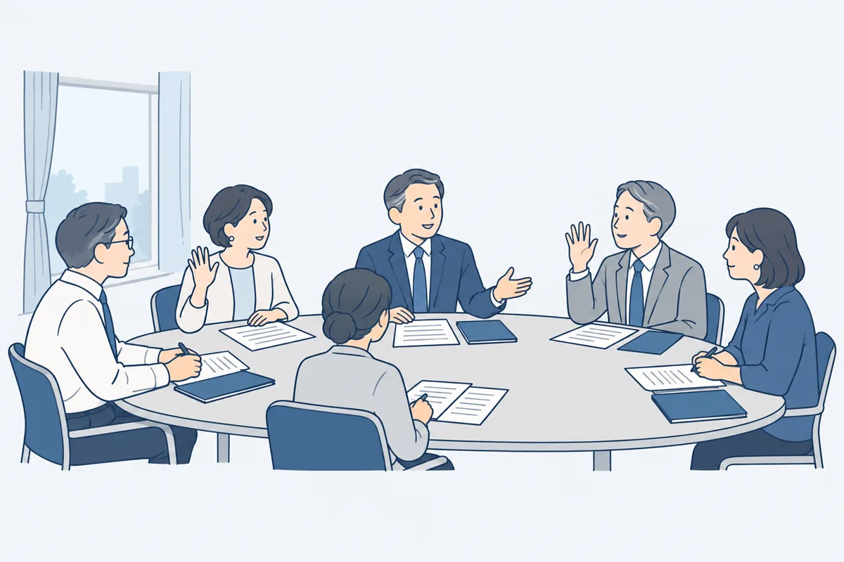 理事が机を囲み、何人かが手を挙げて賛成を示している会議の絵