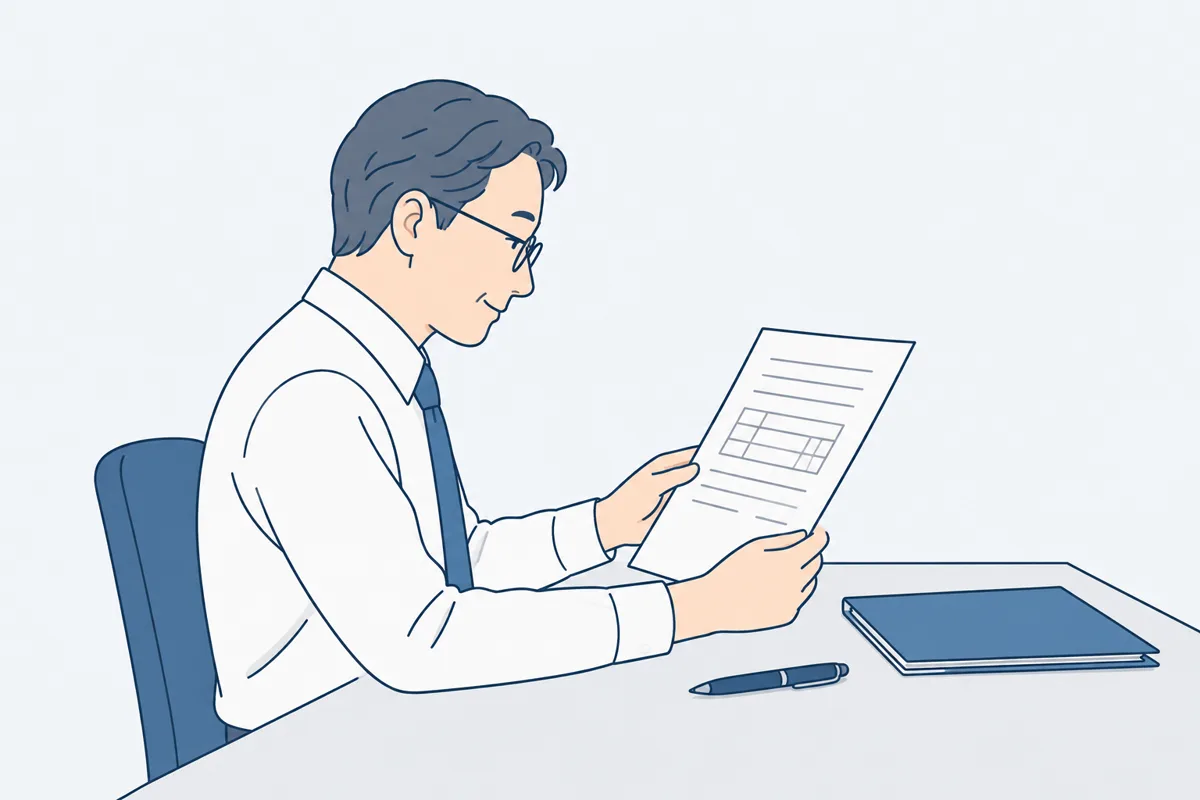机に座って、議事録の用紙を読んで内容を確かめている人の絵