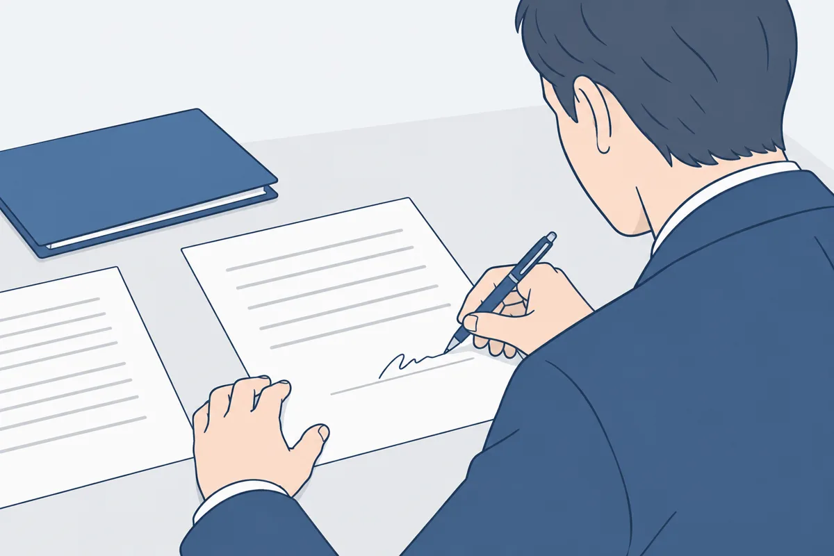 スーツの人が机の書類にペンで署名しているところを、肩ごしに見た絵