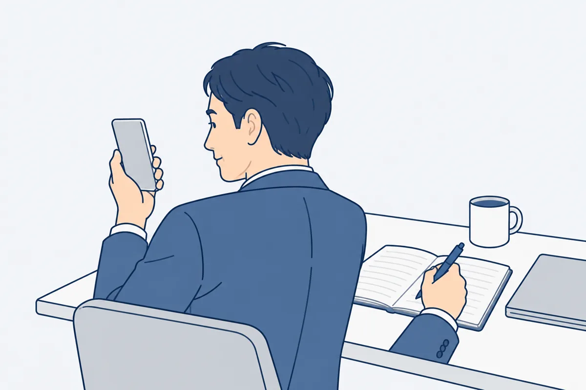 会議のあと、スマホを見ながらノートに書き写している人の絵