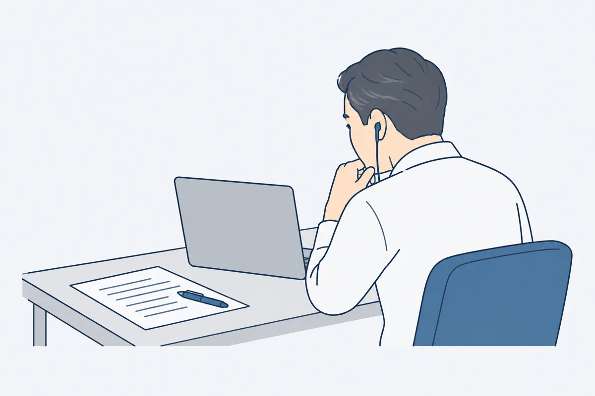 事務所のパソコンで、イヤホンで録音を聞きながら文書を見直している人の絵
