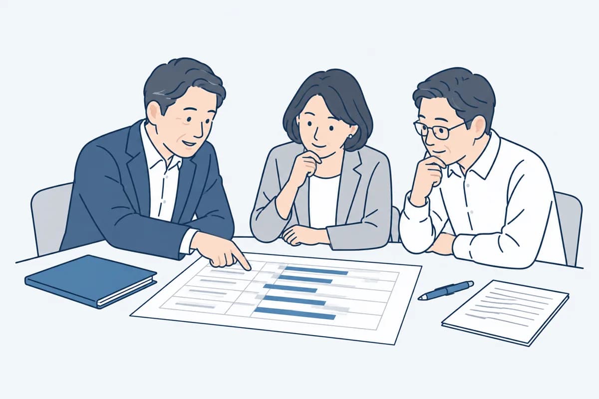 役員が机を囲み、一枚の表を見ながら話し合っている絵