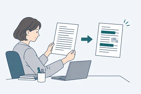 手に持った書類と、名前の行を塗りつぶし、一部をモザイクにした同じ書類の絵