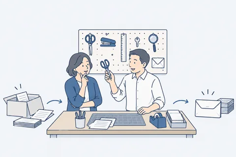 道具を掛けた板の前で、はさみを手に取って使う道具を選ぶ2人の絵