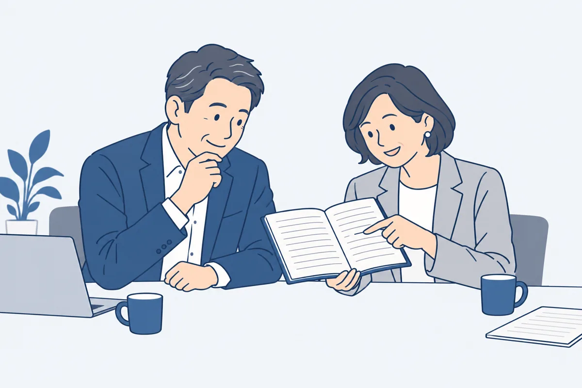 会議のあと、メモを見せて内容を確かめている二人の絵